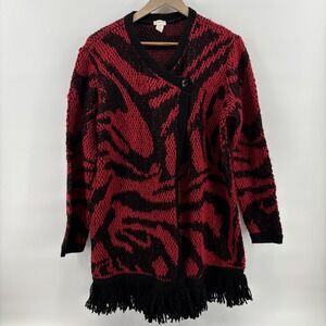 Chicos Cardigan Sweater Women's 3‎ Red Black Fringe Knit Tunic Wool Blend Boho